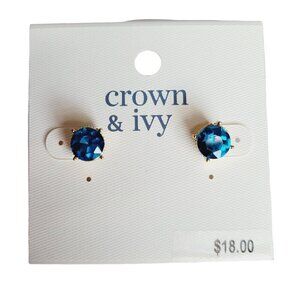 Crown & Ivy Blue Crystal Post Stud Earrings Gold Tone NEW Pierced Sparkle Bling